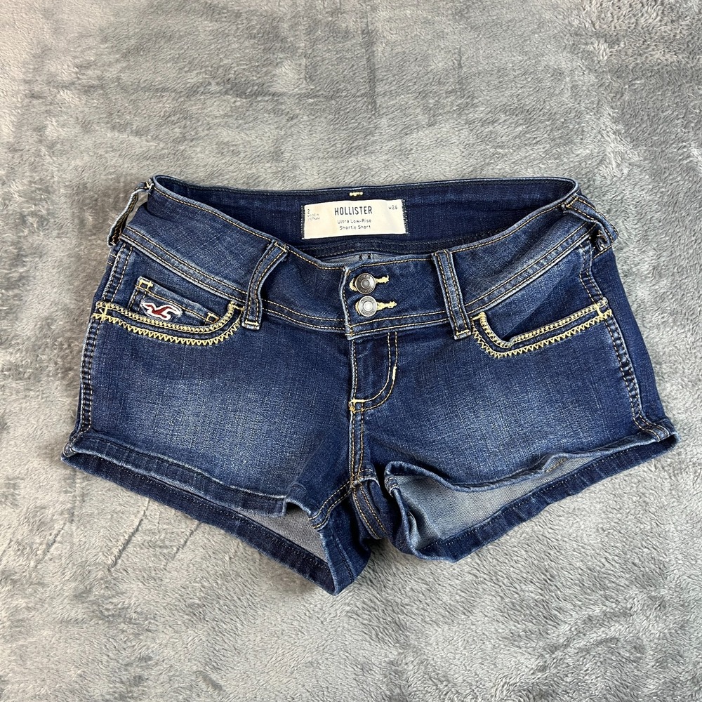 Hollister Ultra Low Rise Shortie Shorts Womens 2 Blue Denim Dark Wash Cut Off
